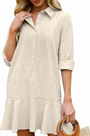 Women's Tunic Mini Shirt Dress Cotton Long Sleeve Ruffle Hem Dress Button Up Shift Chambray Dresses