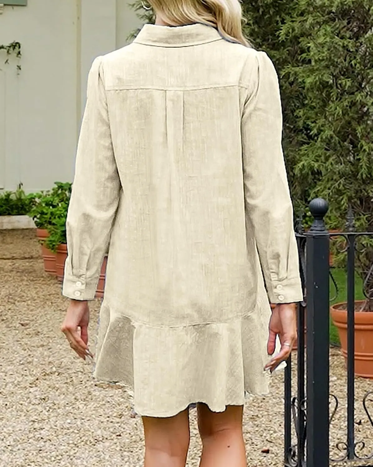 Women's Tunic Mini Shirt Dress Cotton Long Sleeve Ruffle Hem Dress Button Up Shift Chambray Dresses