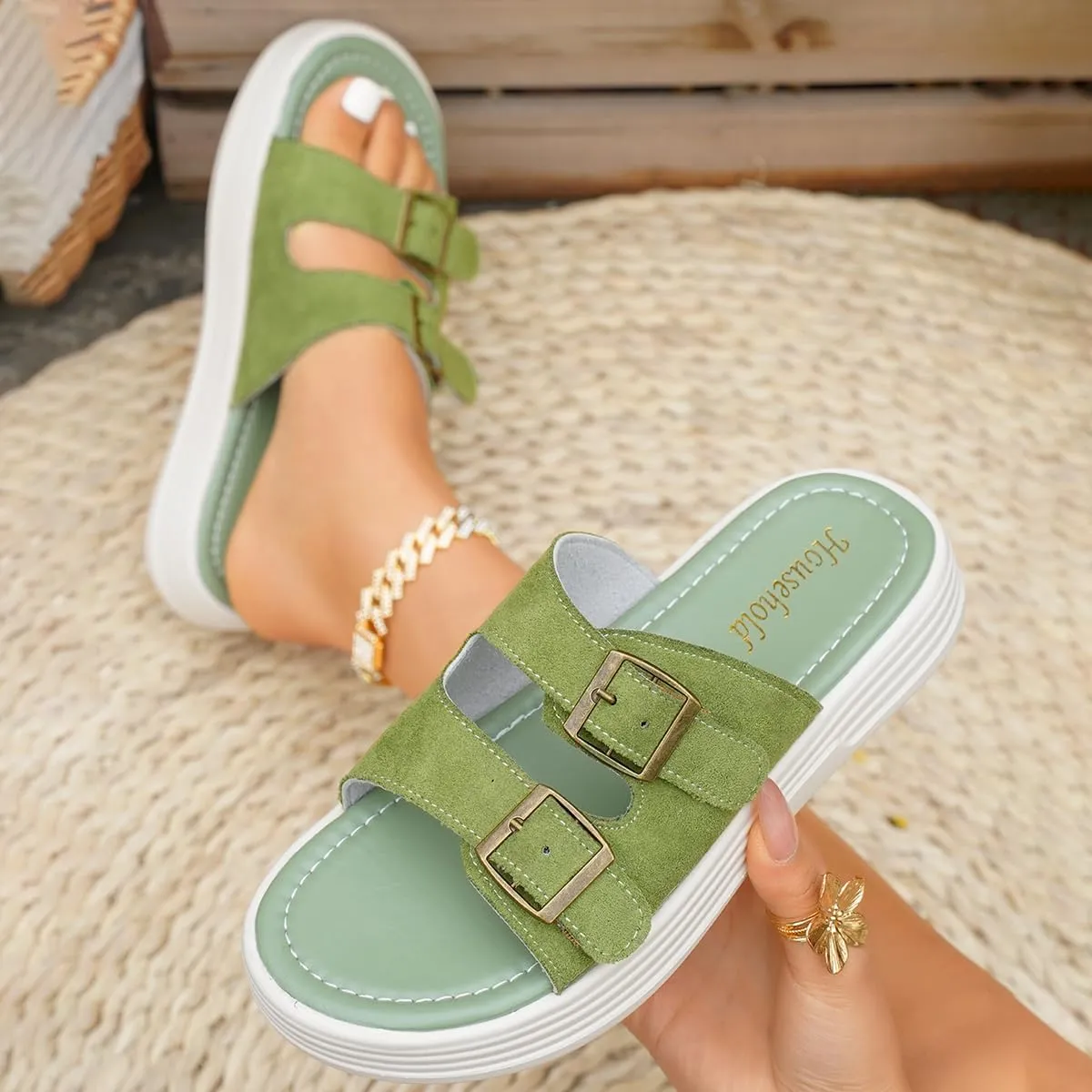 Women's Waterproof Platform Thick Bottom Adjustable Straps Sandals, One Foot Stirrup Fashion Casual Open Toe Beach Slippers - Suede material non-slip wear-resistant