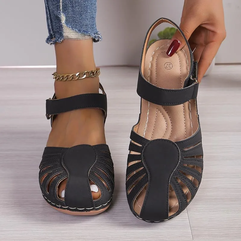 Women's Wedge Heels Ankle Strap Low Summer Sandals Closed Toe Hollow Out Orthopedic Bohemia Fishmouth Wedges Sandal Hollow Out Strap Comfy Outdoor Beach Athletic Shoes