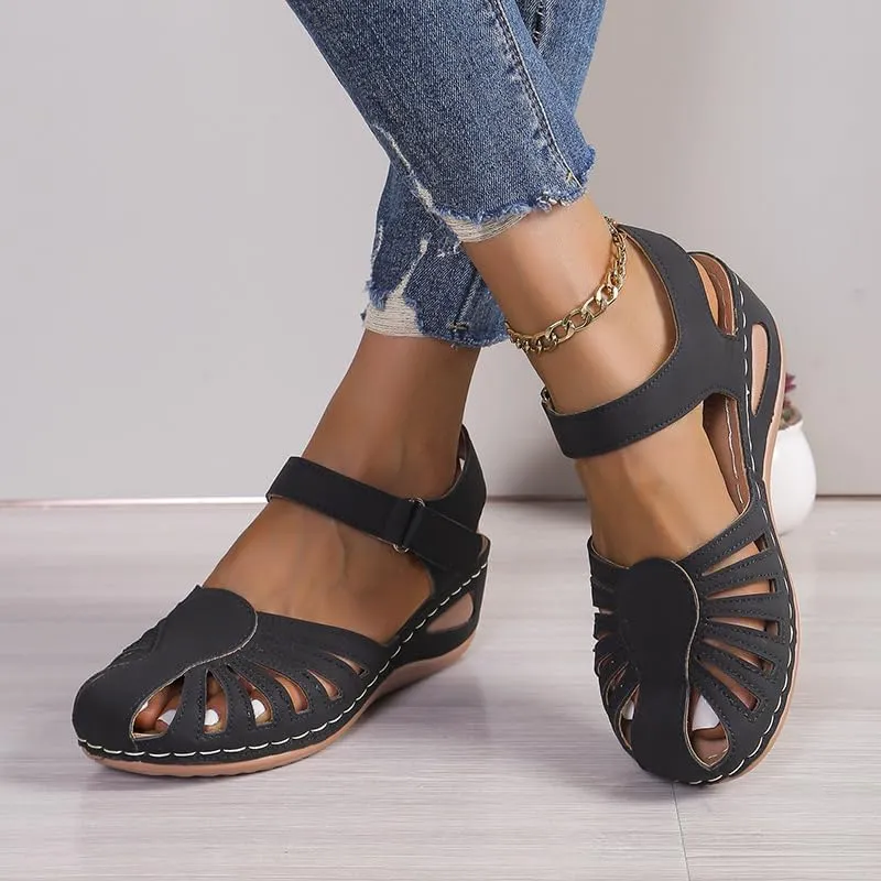 Women's Wedge Heels Ankle Strap Low Summer Sandals Closed Toe Hollow Out Orthopedic Bohemia Fishmouth Wedges Sandal Hollow Out Strap Comfy Outdoor Beach Athletic Shoes