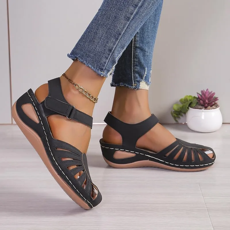 Women's Wedge Heels Ankle Strap Low Summer Sandals Closed Toe Hollow Out Orthopedic Bohemia Fishmouth Wedges Sandal Hollow Out Strap Comfy Outdoor Beach Athletic Shoes