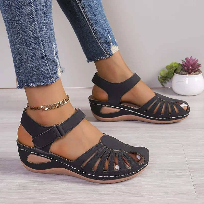 Women's Wedge Heels Ankle Strap Low Summer Sandals Closed Toe Hollow Out Orthopedic Bohemia Fishmouth Wedges Sandal Hollow Out Strap Comfy Outdoor Beach Athletic Shoes