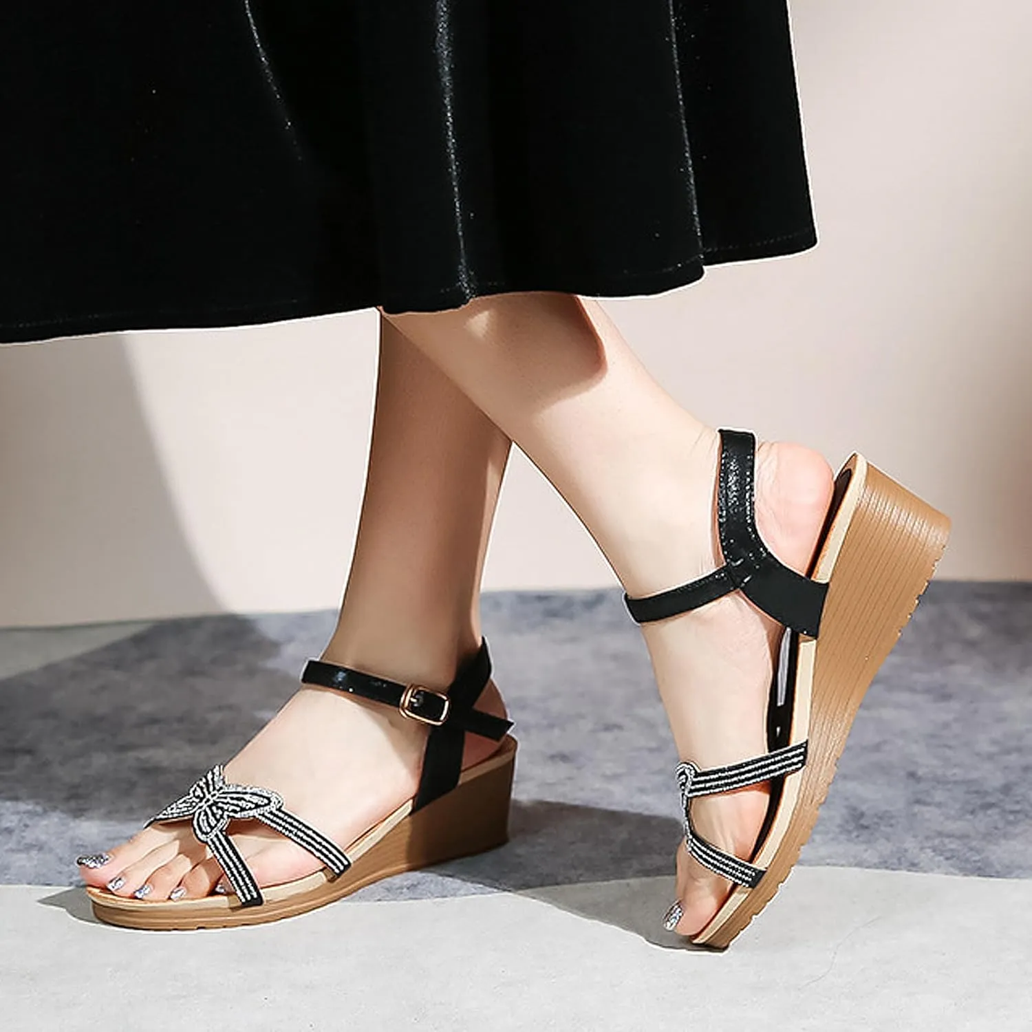 Womens Wedge Sandals Round Toe Open-Toe Flower Low Heel Dressy Ankle Strap Elastic Rhinestone Summer Beach Comfortable Platform Office Work Courts Shoe