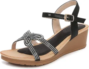 Womens Wedge Sandals Round Toe Open-Toe Flower Low Heel Dressy Ankle Strap Elastic Rhinestone Summer Beach Comfortable Platform Office Work Courts Shoe