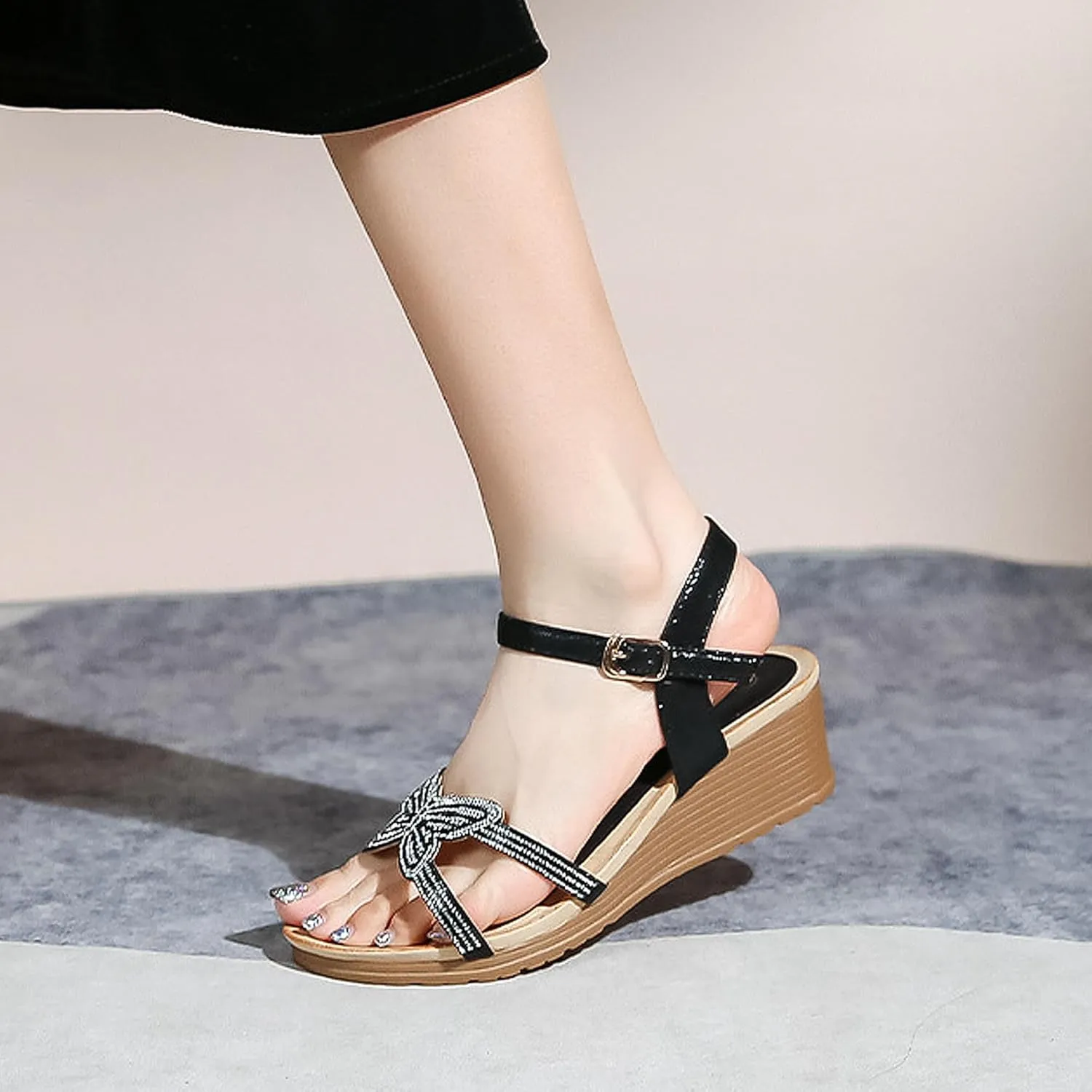 Womens Wedge Sandals Round Toe Open-Toe Flower Low Heel Dressy Ankle Strap Elastic Rhinestone Summer Beach Comfortable Platform Office Work Courts Shoe