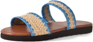 Women's Woven Straw Slide Sandals, Double Strap, Flat Comfort Slip-On