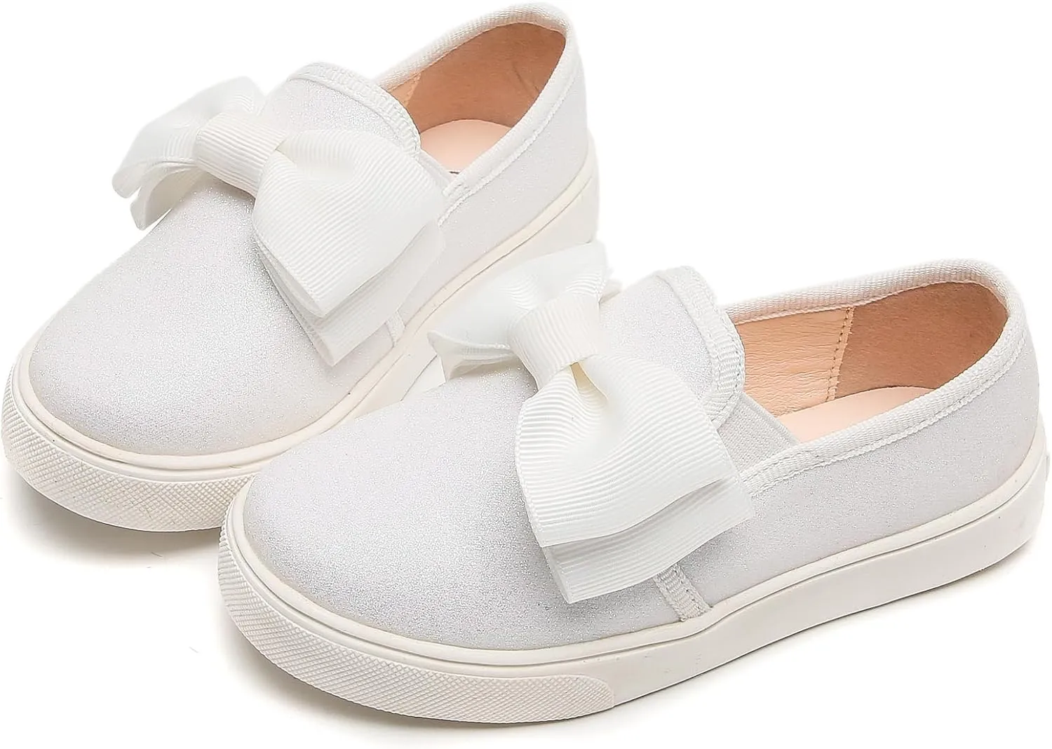 WUIWUIYU Girls Toddlers School Uniform Shoes Loafers Sneakers Slip on Bow Sparkly Walking Casual Glitter Shoe Flats