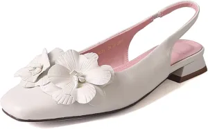 XIEDA Women's Genuine Leather Slingback Flats Closed Toe Flower Comfortable Low Heel Sandals