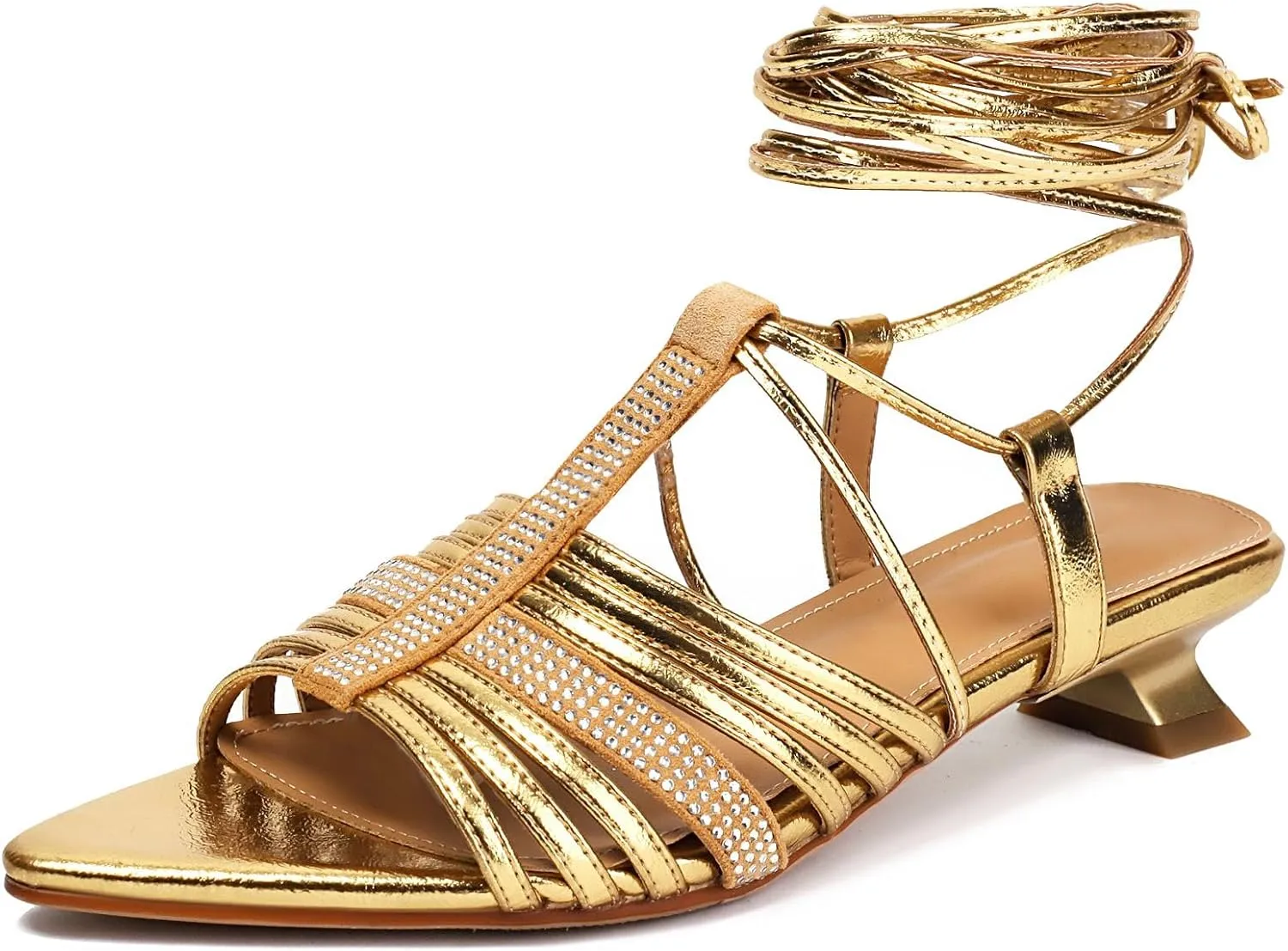 XIEDA Women's Lace Up Heels Pointed Toe Strappy Rhinestone Low Heel Prom Dress Sandals