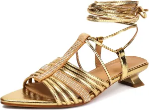 XIEDA Women's Lace Up Heels Pointed Toe Strappy Rhinestone Low Heel Prom Dress Sandals