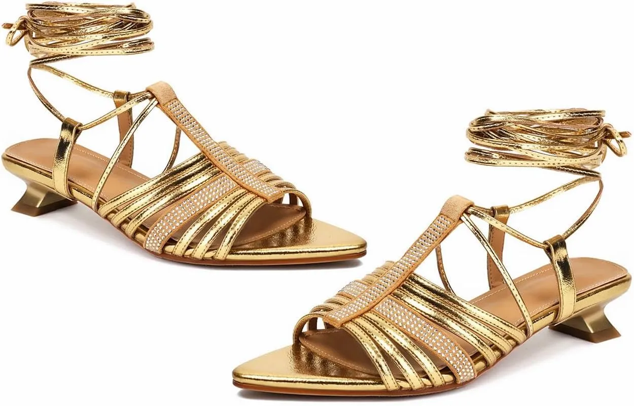 XIEDA Women's Lace Up Heels Pointed Toe Strappy Rhinestone Low Heel Prom Dress Sandals