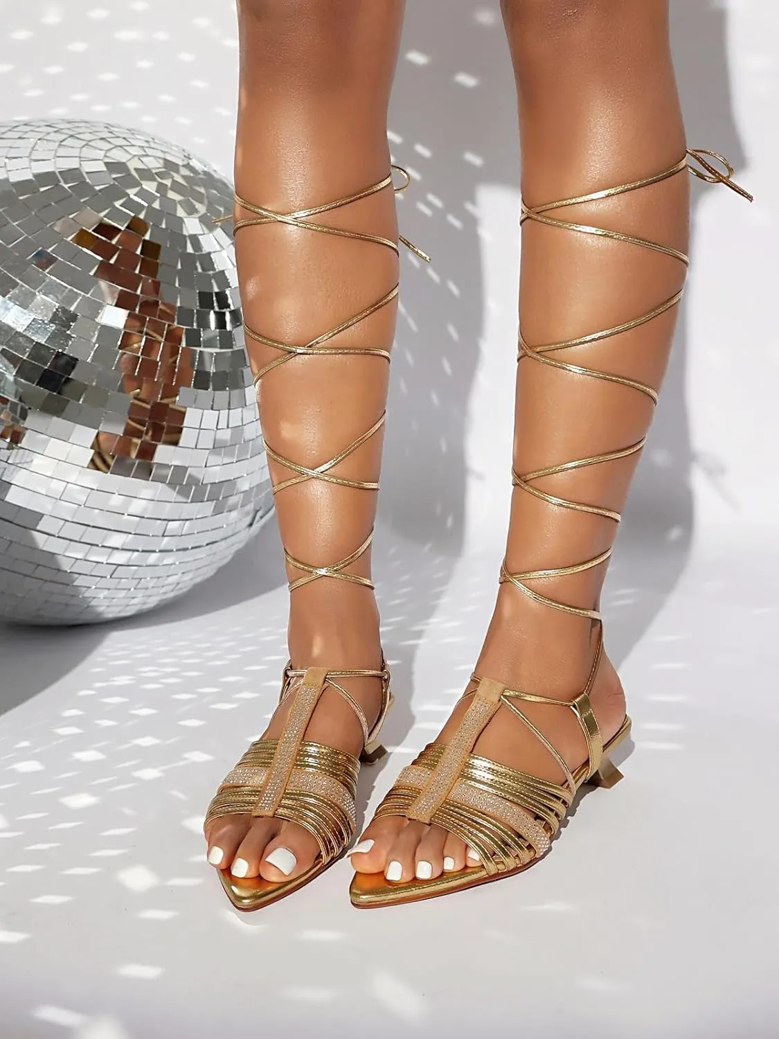XIEDA Women's Lace Up Heels Pointed Toe Strappy Rhinestone Low Heel Prom Dress Sandals