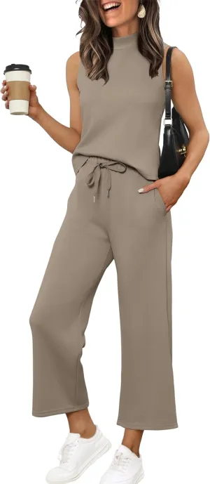 XIEERDUO Two Piece Sets for Women Summer Lounge Sets Beach Vacation Travel Outfits Casual Wide Leg Pants Matching Sets