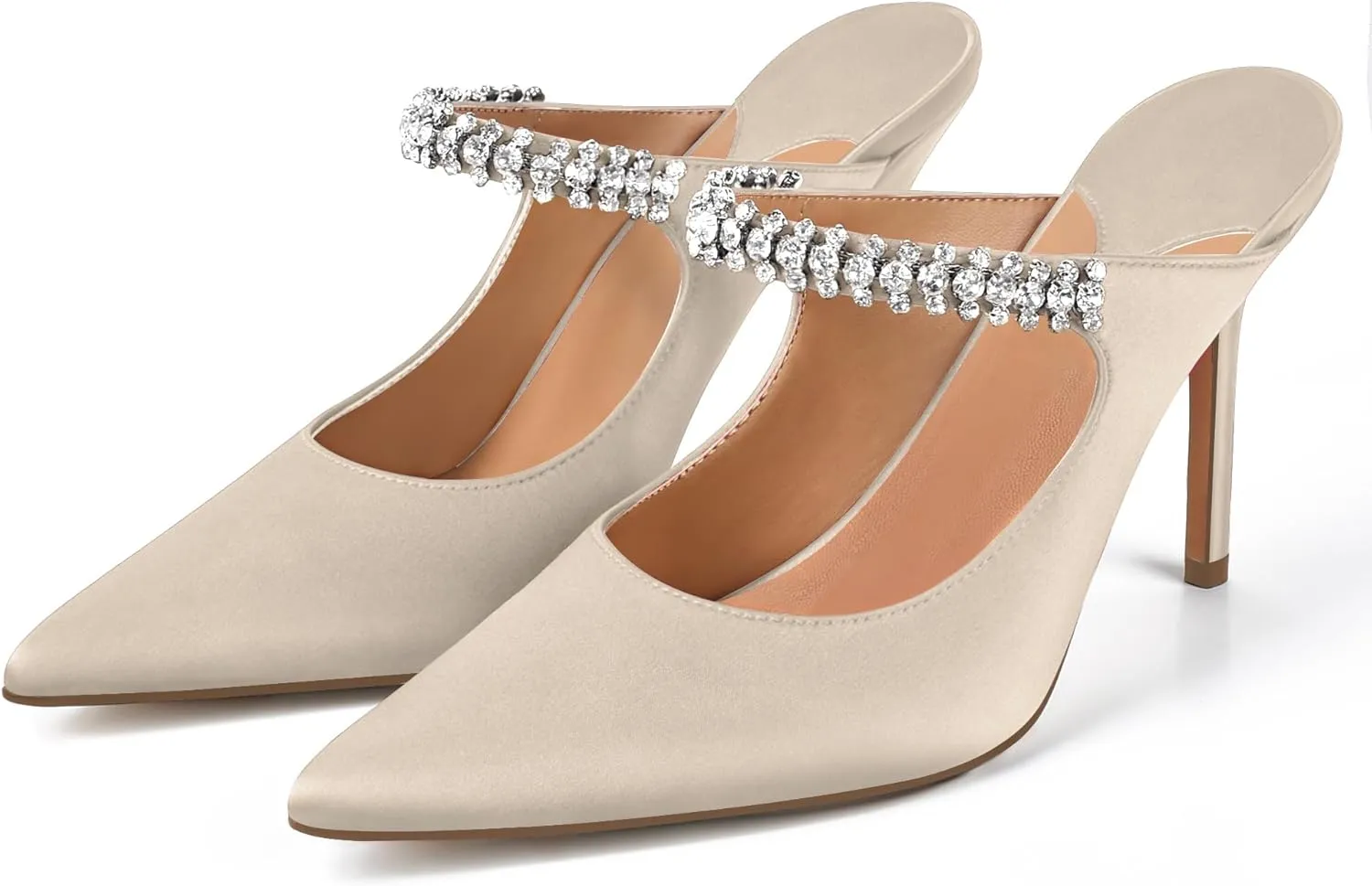 XINIUNIU Heeled Mules for Women Rhinestone Heels Pointed Toe Slip On 4 Inch Stiletto Closed Toe Sandals Dress Wedding Pump Shoes