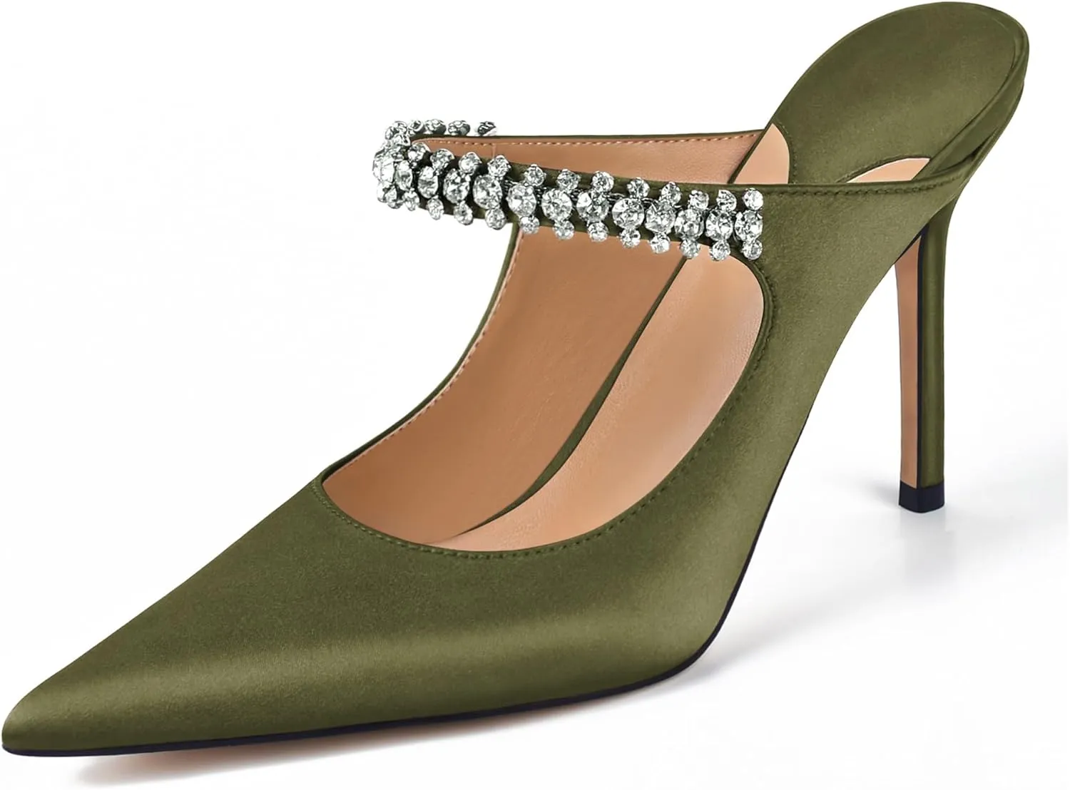 XINIUNIU Heeled Mules for Women Rhinestone Heels Pointed Toe Slip On 4 Inch Stiletto Closed Toe Sandals Dress Wedding Pump Shoes