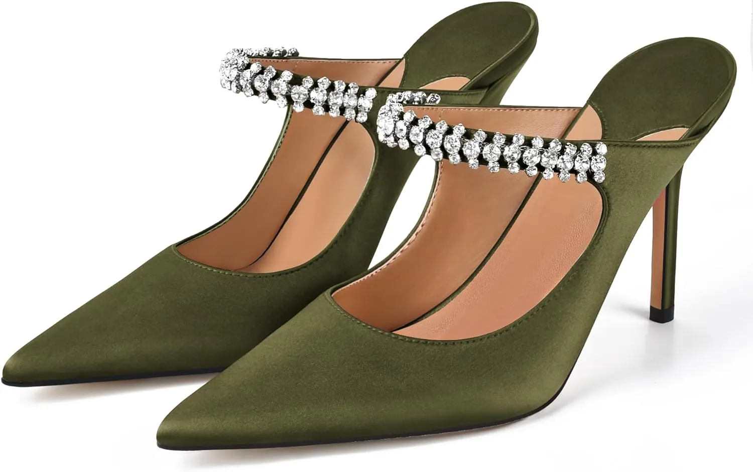 XINIUNIU Heeled Mules for Women Rhinestone Heels Pointed Toe Slip On 4 Inch Stiletto Closed Toe Sandals Dress Wedding Pump Shoes