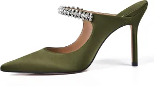 XINIUNIU Heeled Mules for Women Rhinestone Heels Pointed Toe Slip On 4 Inch Stiletto Closed Toe Sandals Dress Wedding Pump Shoes