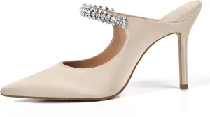 XINIUNIU Heeled Mules for Women Rhinestone Heels Pointed Toe Slip On 4 Inch Stiletto Closed Toe Sandals Dress Wedding Pump Shoes