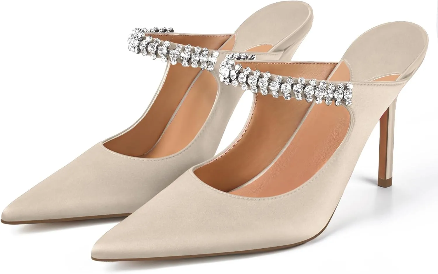 XINIUNIU Heeled Mules for Women Rhinestone Heels Pointed Toe Slip On 4 Inch Stiletto Closed Toe Sandals Dress Wedding Pump Shoes