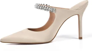 XINIUNIU Heeled Mules for Women Rhinestone Heels Pointed Toe Slip On 4 Inch Stiletto Closed Toe Sandals Dress Wedding Pump Shoes