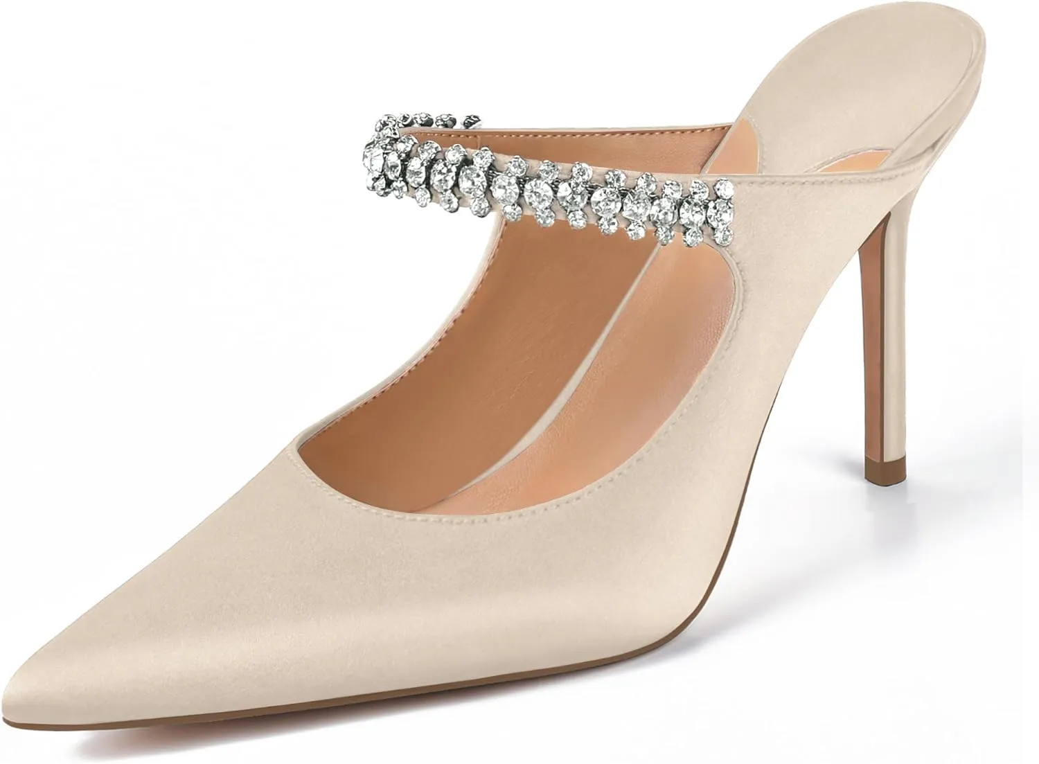 XINIUNIU Heeled Mules for Women Rhinestone Heels Pointed Toe Slip On 4 Inch Stiletto Closed Toe Sandals Dress Wedding Pump Shoes