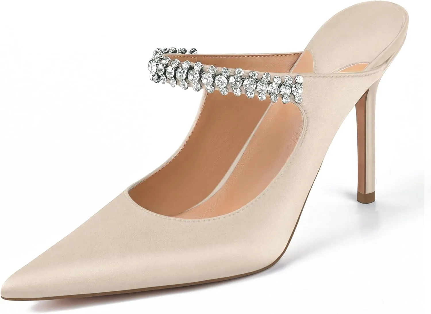 XINIUNIU Heeled Mules for Women Rhinestone Heels Pointed Toe Slip On 4 Inch Stiletto Closed Toe Sandals Dress Wedding Pump Shoes