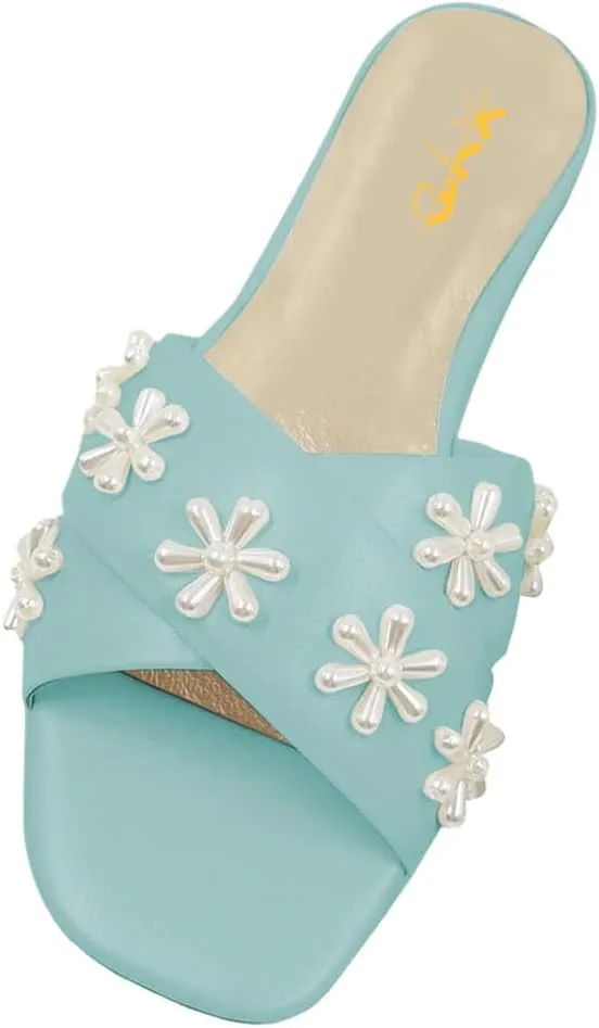 XYD Women Bloom Pearl Flower Flat Sandals for Bride Wedding Open Toe Mules Crossover Strap Dress Shoes
