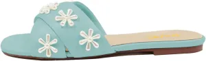 XYD Women Bloom Pearl Flower Flat Sandals for Bride Wedding Open Toe Mules Crossover Strap Dress Shoes