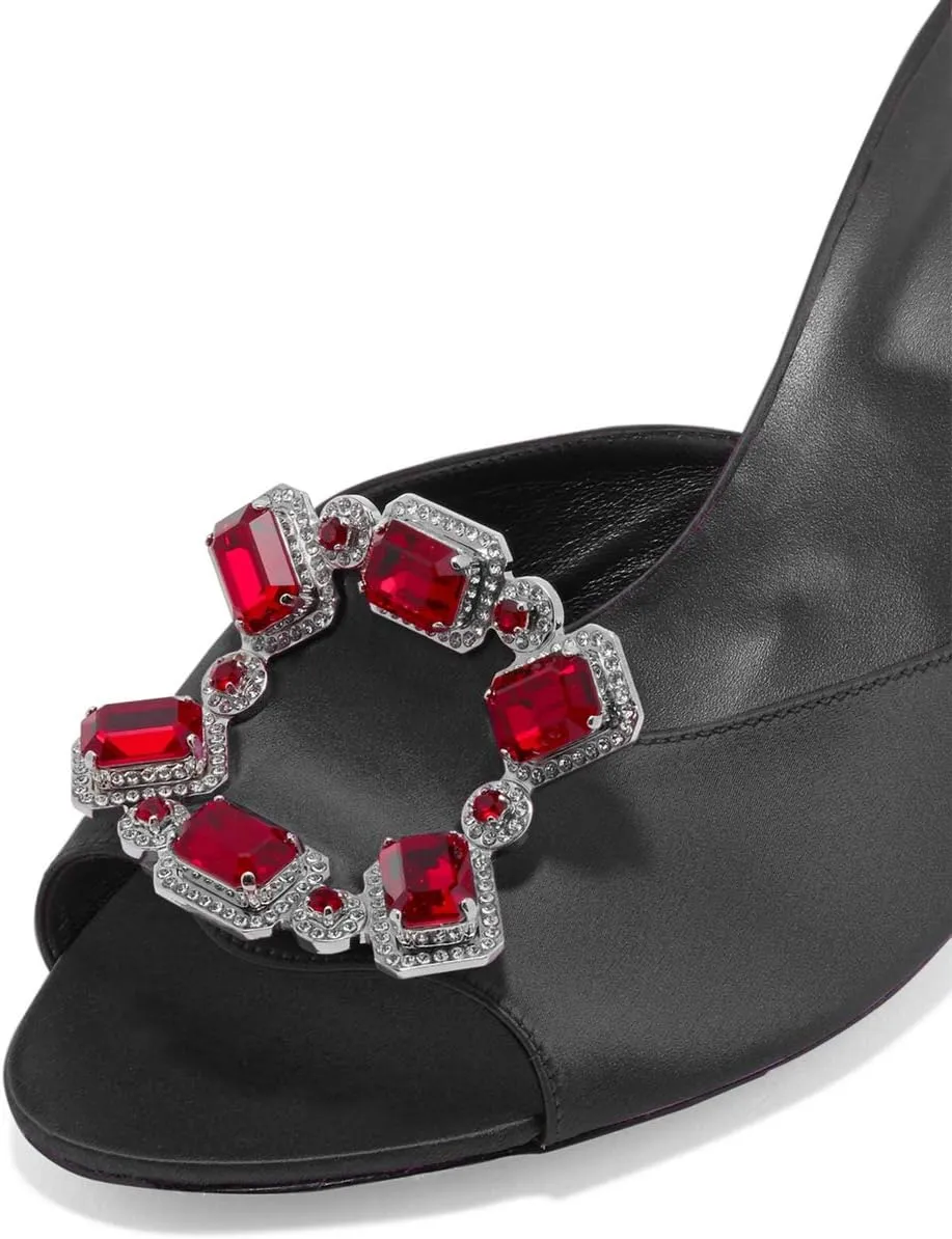 XYD Women Crystal Jeweled Satin Dress Mules Pumps Peep Toe Thin High Heels Prom Slide Sandals