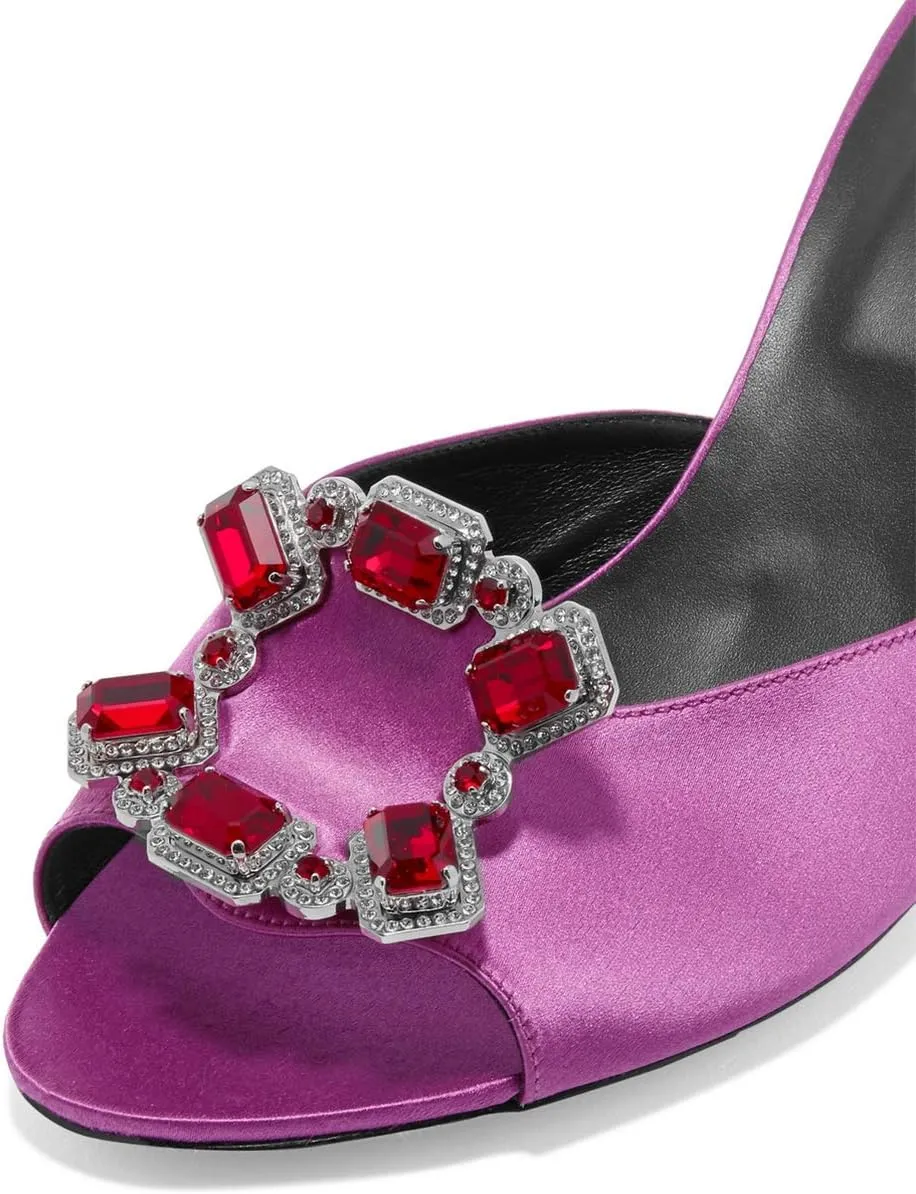 XYD Women Crystal Jeweled Satin Dress Mules Pumps Peep Toe Thin High Heels Prom Slide Sandals