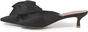 XYD Women Kitten Heel Mules Slip On Dress Sandals with Bows Pointed Toe Low Heel Satin Slippers Wedding Party Casual Shoes