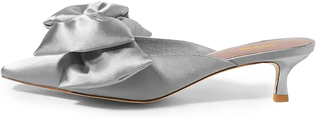 XYD Women Kitten Heel Mules Slip On Dress Sandals with Bows Pointed Toe Low Heel Satin Slippers Wedding Party Casual Shoes