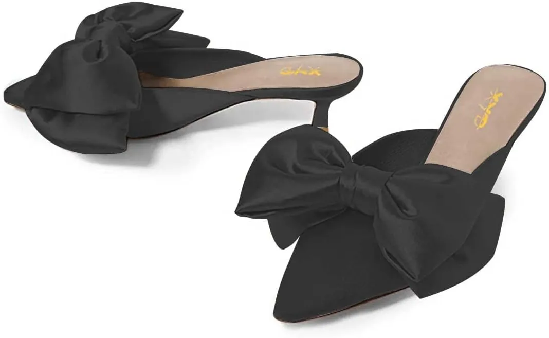 XYD Women Kitten Heel Mules Slip On Dress Sandals with Bows Pointed Toe Low Heel Satin Slippers Wedding Party Casual Shoes
