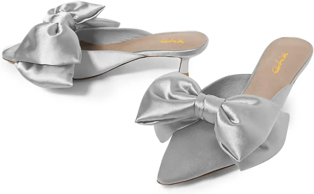 XYD Women Kitten Heel Mules Slip On Dress Sandals with Bows Pointed Toe Low Heel Satin Slippers Wedding Party Casual Shoes