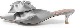XYD Women Kitten Heel Mules Slip On Dress Sandals with Bows Pointed Toe Low Heel Satin Slippers Wedding Party Casual Shoes