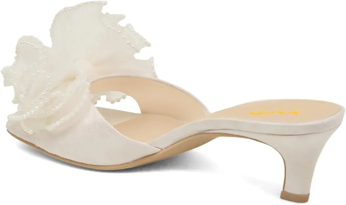 XYD Women Pearl Sandals Kitten Open Toe Low Heel Mules Elegant Bow Wedding Party Cocktail Shoes