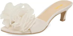 XYD Women Pearl Sandals Kitten Open Toe Low Heel Mules Elegant Bow Wedding Party Cocktail Shoes