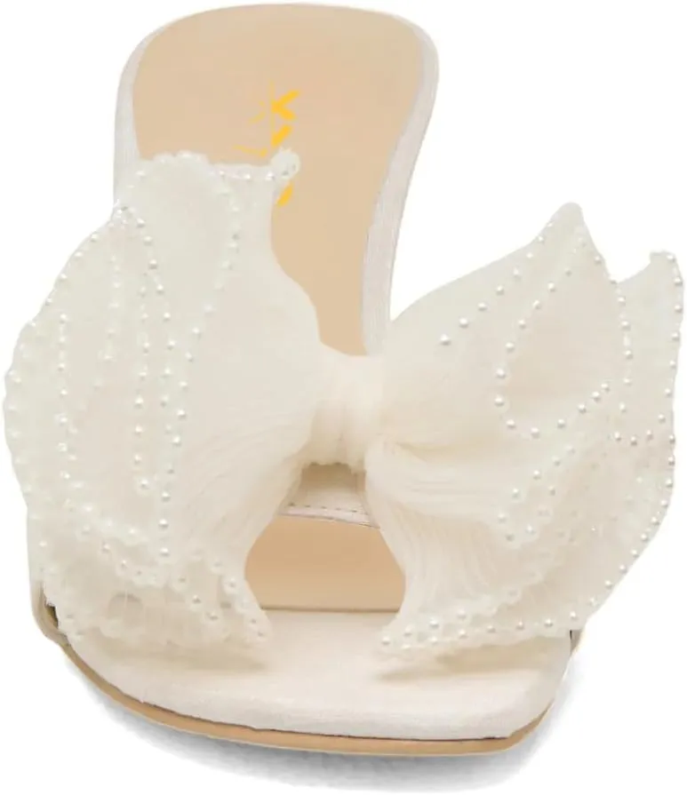 XYD Women Pearl Sandals Kitten Open Toe Low Heel Mules Elegant Bow Wedding Party Cocktail Shoes