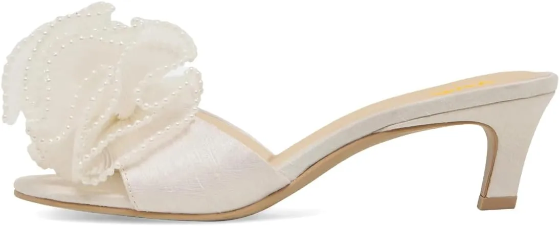 XYD Women Pearl Sandals Kitten Open Toe Low Heel Mules Elegant Bow Wedding Party Cocktail Shoes