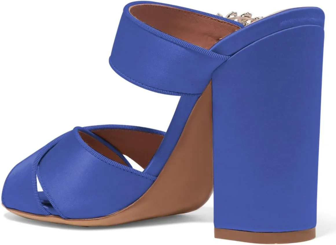 XYD Women Peep Toe Chunky High Heels Slide Sandals Satin Mules Pumps with Rhinestones Buckle