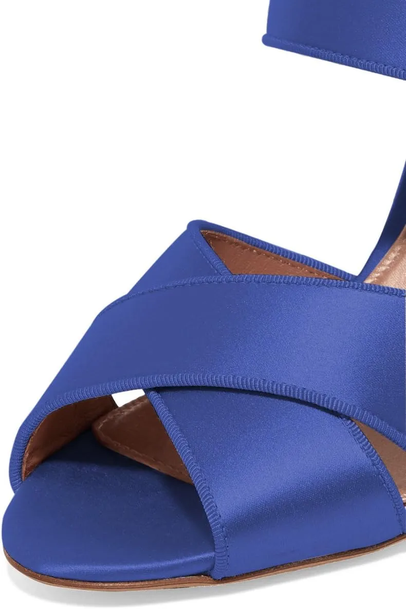 XYD Women Peep Toe Chunky High Heels Slide Sandals Satin Mules Pumps with Rhinestones Buckle