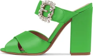 XYD Women Peep Toe Chunky High Heels Slide Sandals Satin Mules Pumps with Rhinestones Buckle