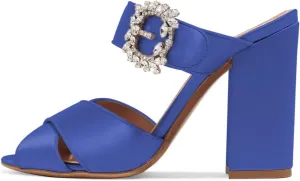 XYD Women Peep Toe Chunky High Heels Slide Sandals Satin Mules Pumps with Rhinestones Buckle