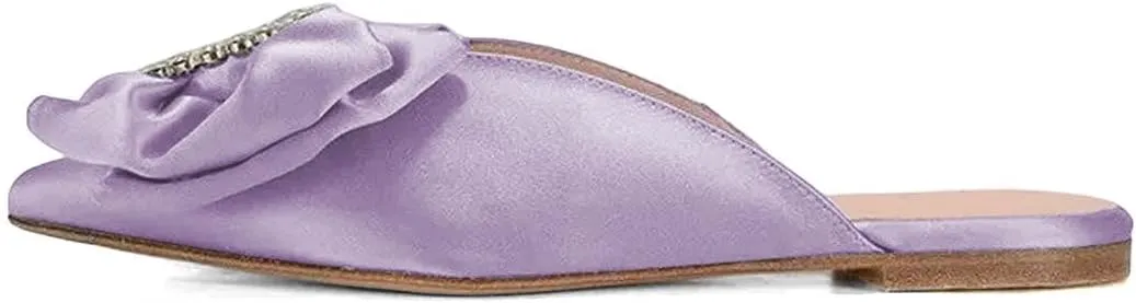 XYD Women Rhinestone Buckle Bowknot Closed Pointed Toe Mule Flats Easy Slip On Low Heel Sandals Satin Dress Evening Casual Shoes