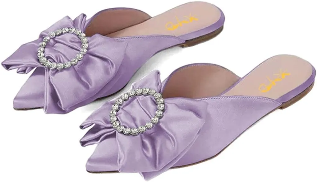 XYD Women Rhinestone Buckle Bowknot Closed Pointed Toe Mule Flats Easy Slip On Low Heel Sandals Satin Dress Evening Casual Shoes