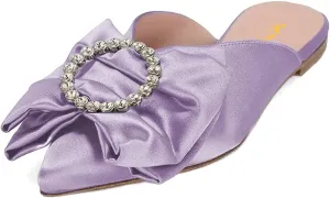 XYD Women Rhinestone Buckle Bowknot Closed Pointed Toe Mule Flats Easy Slip On Low Heel Sandals Satin Dress Evening Casual Shoes