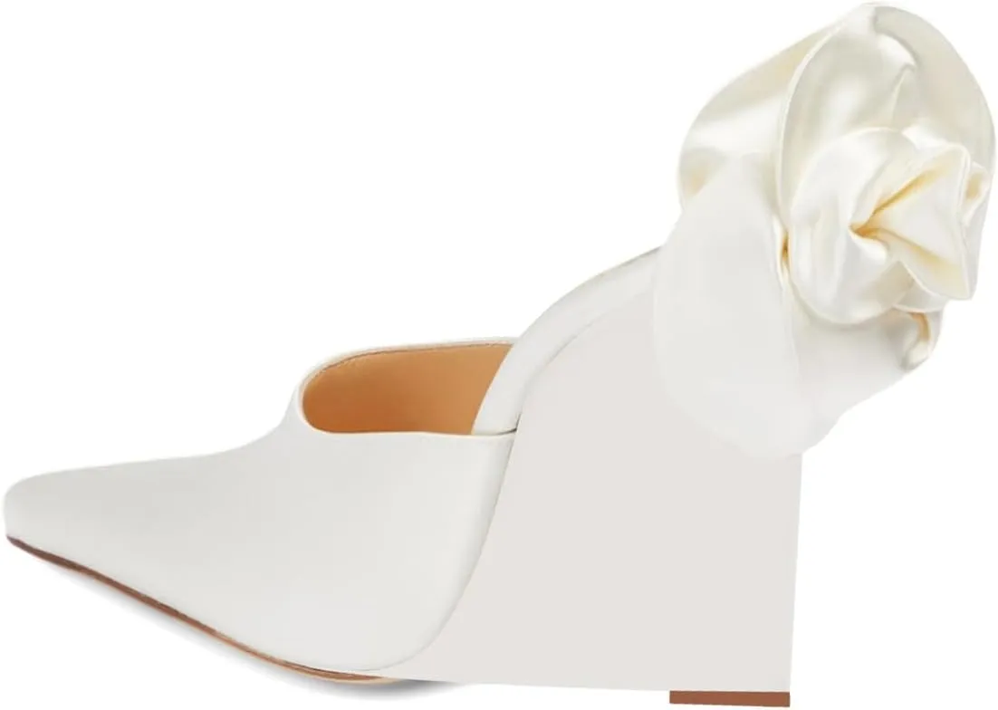 XYD Women Satin Pointed Toe Wedges Back Oversized Rose Flower High Heel Slip-on Mules Wedding After Party Shoes