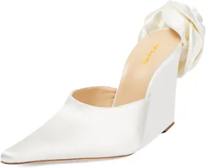 XYD Women Satin Pointed Toe Wedges Back Oversized Rose Flower High Heel Slip-on Mules Wedding After Party Shoes