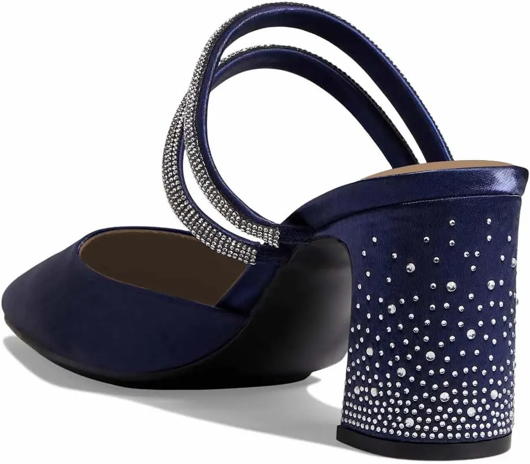 XYD Women Two Crystal Straps Pointed Toe Satin Mules Block Low Heel Slip-ons Sparkling Studs Dress Shoes